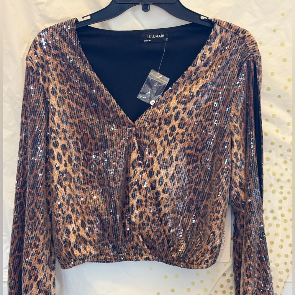Lulumari Tan Brown Sequin Crop Blouse